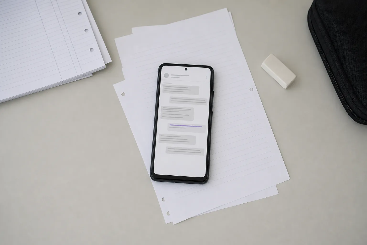 A phone showing a chat answer, lying on paper notes