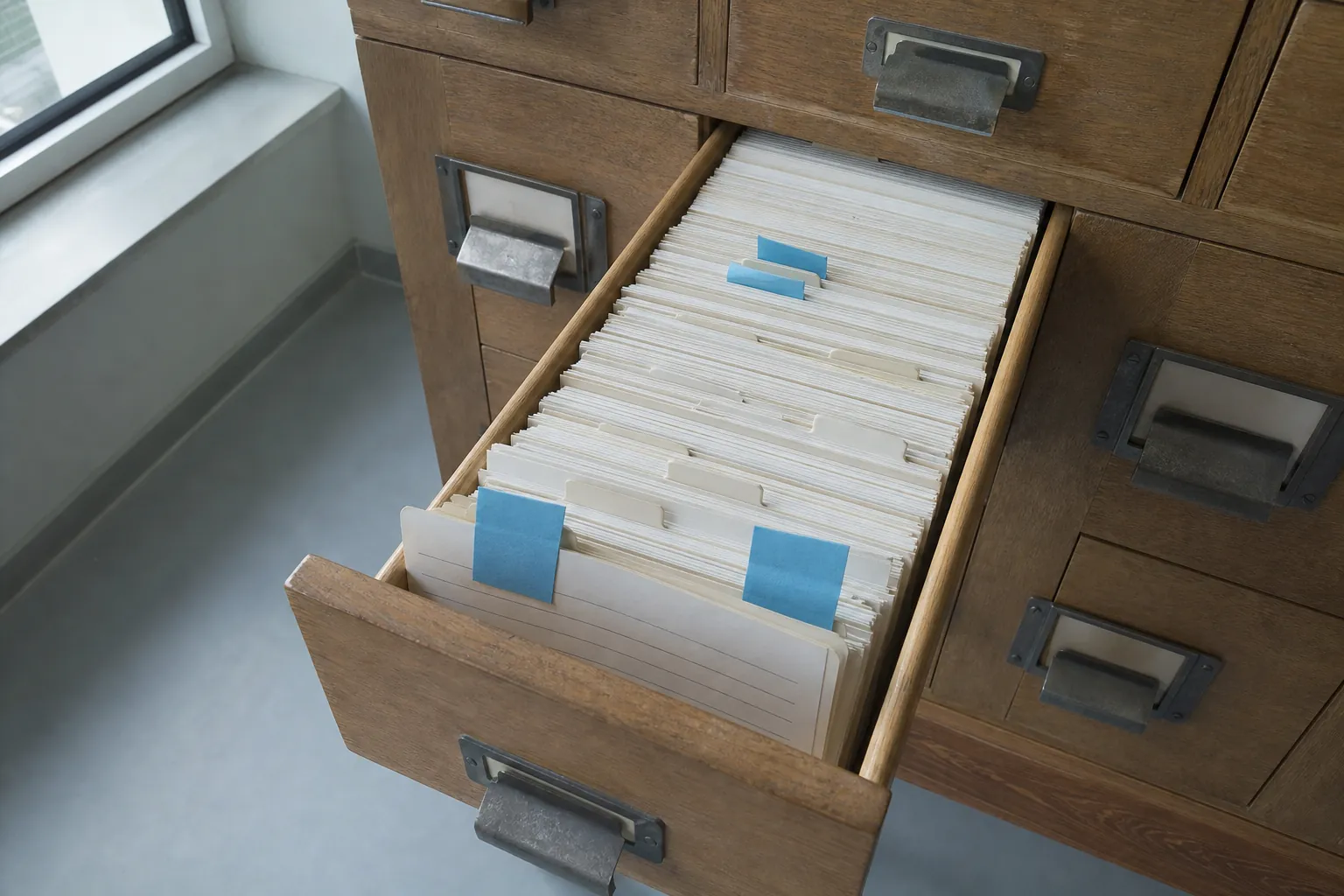 An open library card-catalog drawer full of index cards