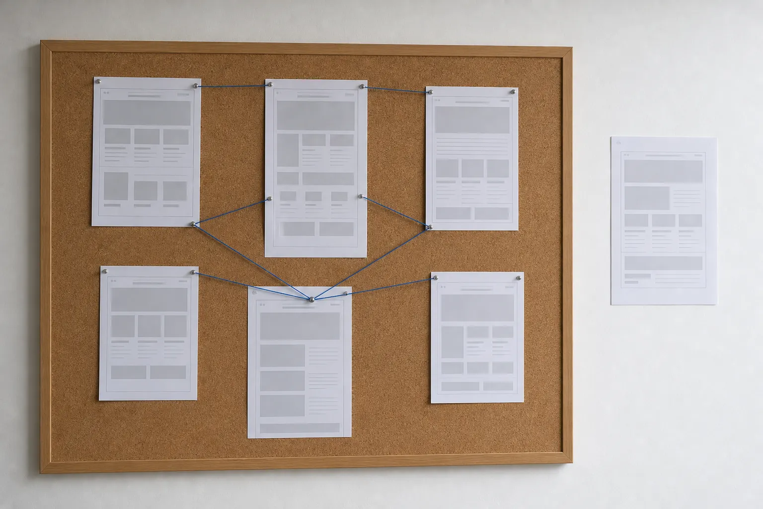 Printed web pages pinned to a cork board and joined by thread, with one page left unconnected