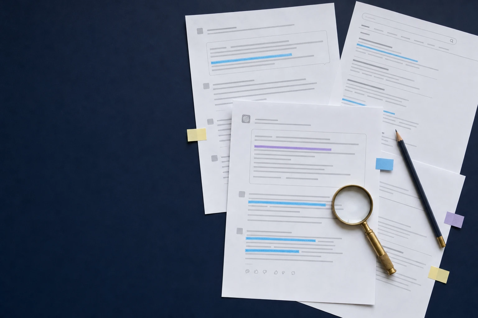 Printed AI answers and a search results page on a navy desk, with lines marked in blue and violet highlighter and a brass loupe