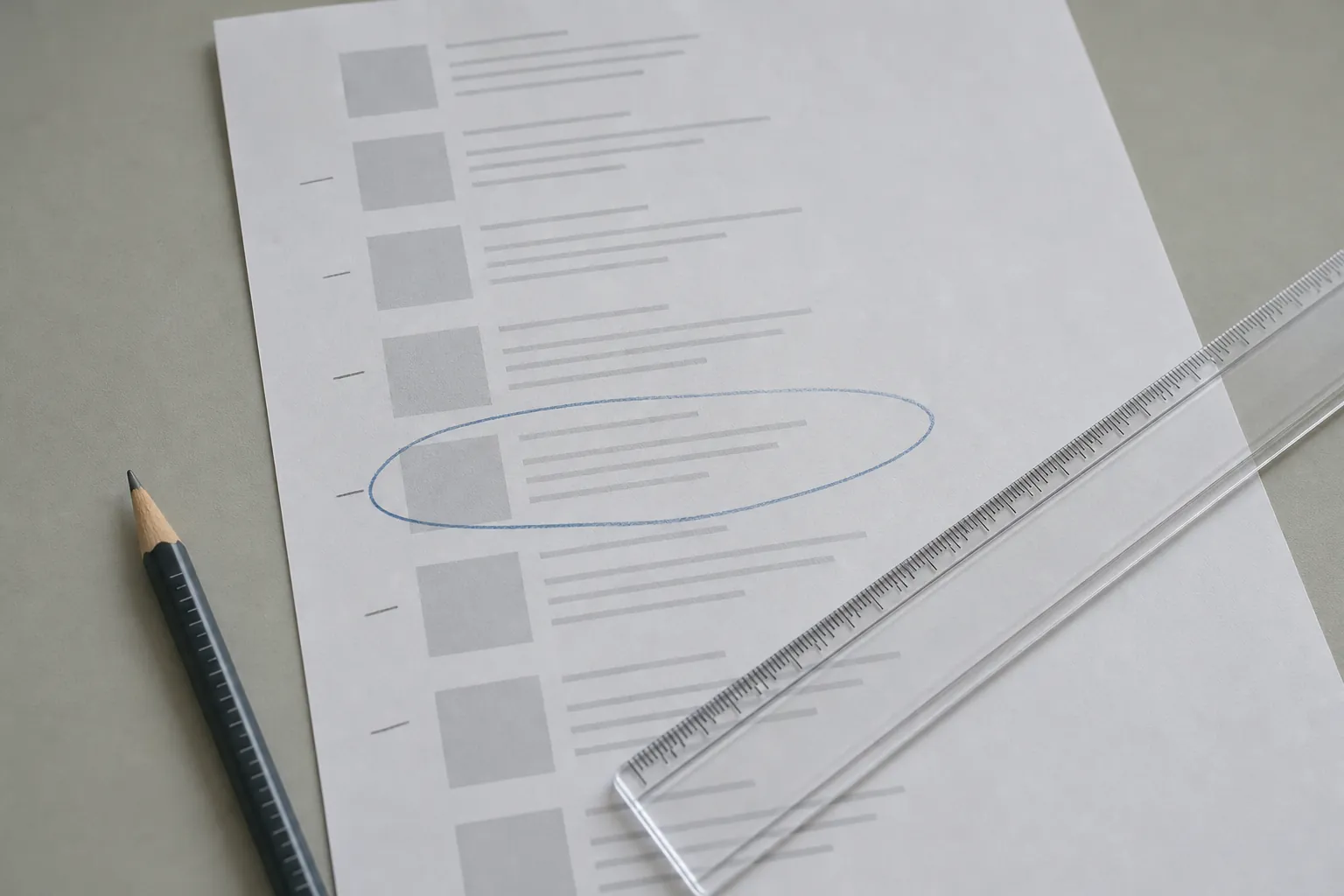 A printed list of search results with pencil ticks and a ruler